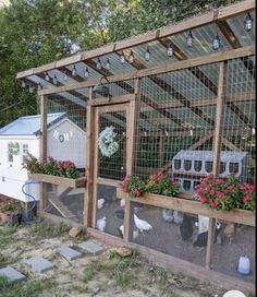 a chicken coop with flowers and chickens in it