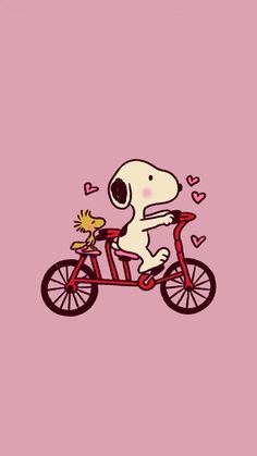 a cartoon dog riding on the back of a red bike with hearts flying out of it