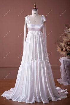 pretty white silky shoulder tie bridal dress. #weddingdress #bridaldress #designerweddingdress #springweddingdress #fallweddingdress #autumnweddingdress #winterweddingdress #summerweddingdress Maternity Wedding Dress, Maternity Beach, Maternity Wedding, Bra Support, Spring Wedding Dress, Pregnant Wedding Dress, White Bra, A Line Evening Dress, Dress For Wedding