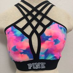 Tie Die Pink Sport Bra Pink Fitted Strappy Top, Fitted Strappy Pink Top, Fitted Pink Strappy Top, Fitted Pink Sports Bra With Built-in Bra, Pink Fitted Workout Bra, Pink Racerback Bra For Workout, Pink Sports Bra With Stretch, Pink Racerback Workout Bra, Trendy Pink Sports Bra With Built-in Bra