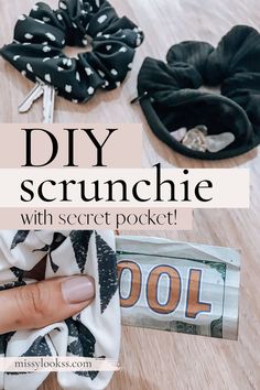 the diy scrunchie with secret pocket is shown on a wooden table