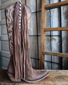 Description Jazz up your country western boot collection with Miss Jessica! Designed by Liberty Black, she features the most versatile light tan distressed leather, beautiful stitch patterns, fun flowing fringe, and silver stud details. The tall and sleek silhouette along with the movement of the fringe will bring personality to any outfit. Jessica is bold and confident, and you will be too - in these cute cowgirl boots! Measurements: Shaft Height - 17" Heel Height - 2" Toe - Round Pointed Stand Tall Cowgirl Boots, Cute Cowgirl Boots, Fringe Cowboy Boots, Cute Cowgirl, Jessica Brown, Boot Collection, Diy Clothes And Shoes, 3 Shoes, Boot Straps