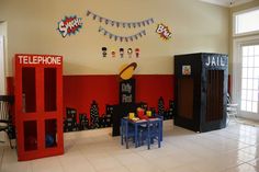 a room with lego furniture and decorations on the walls