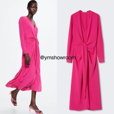 Flowy Fabric. Straight Design. Midi Design. V-Neck. Decorative Bow. Long Buttoned Sleeve. Party And Events Collection. Fits Small To Size. Composition: 100% Polyester. Bow: 100% Polyester Pink V-neck Maxi Dress For Work, Pink V-neck Maxi Dress Suitable For Work, Midi Design, Mango Dresses, Mango Dress, Flowy Fabric, Decorative Bows, Colorful Dresses, Mango