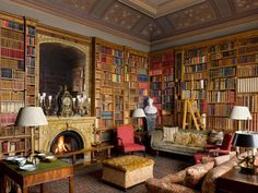 a living room filled with lots of books on top of a book shelf next to a fire place