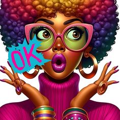 an illustration of a woman with afro hair and glasses on her face, making the ok sign