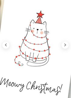 a christmas card with a cat wearing a party hat and stringed around its neck