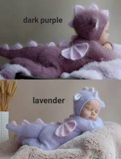 two baby dolls are laying on top of each other, one is wearing a purple hat and the other has a lavender dragon