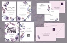 wedding stationery with purple flowers and lavenders on the front, back and side