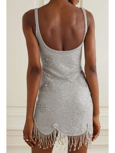 CLIO PEPPIATT Charm fringed embellished stretch-mesh mini dress | NET-A-PORTER Clio Peppiatt, Silver Mini Dress, Fancy Short Dresses, Sparkle Mini Dress, Nye Dress, Looks Party, Glam Dresses, Silver Dress, Scalloped Hem