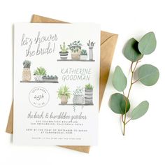 a card with succulents and potted plants on it next to a brown envelope