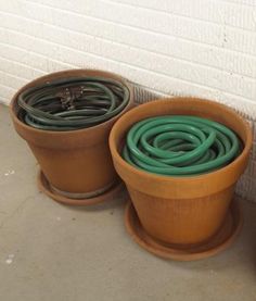 two potted plants sitting next to each other on the ground near a brick wall