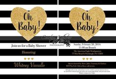 two baby shower cards with gold glitter hearts on black and white striped background, one is for