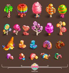 an assortment of candy and candies on a brown background