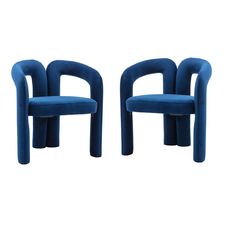 two blue chairs sitting next to each other