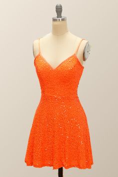 Spaghetti Straps Homecoming Cocktail Dresses A Line Sequins Short/Mini Orange Sleeveless Dresses For Prom Season, Orange Sleeveless Dress For Prom Season, Summer Homecoming Dresses With Spaghetti Straps, Orange Mini Dress With Spaghetti Straps For Evening, Evening Mini Dress In Orange With Spaghetti Straps, Orange Party Dress With Spaghetti Straps, Orange Spaghetti Strap Party Dress, Summer Homecoming Dresses With Adjustable Straps, Orange Spaghetti Strap Dress For Party