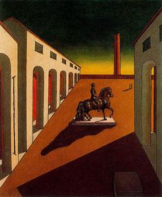 a painting of a man riding a horse on top of a roof next to buildings