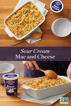 an advertisement for sour cream mac and cheese