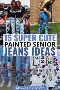 How To Make Senior Jeans, Diy Hoco Jeans, Painting Jeans For Seniors, Cheer Painted Jeans, Diy Spirit Jeans, Senior Cords Pants Ideas, Painted Jeans Diy School Spirit, Senior Jeans Painted 2023 Ideas, Painted Jeans College