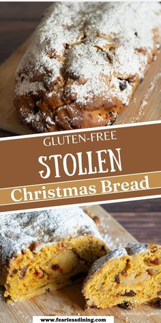 gluten - free stolen christmas bread on a cutting board with text overlay