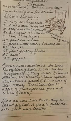 a handwritten recipe for an italian restaurant