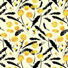 a yellow and black flower pattern on a white background with lots of black feathers in it