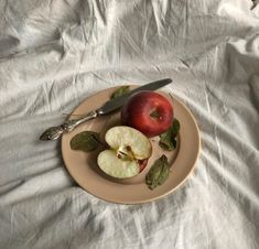 an apple and some leaves on a plate