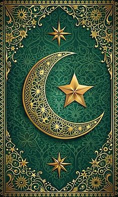 a golden star and crescent on a green background