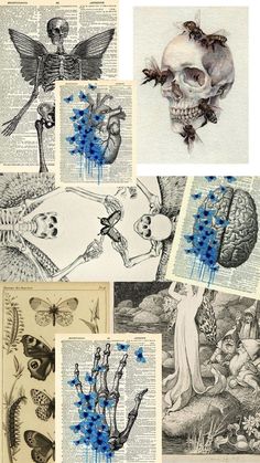 several different pictures with blue flowers and skulls on them, all in black and white