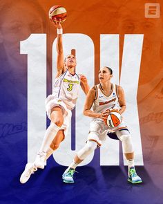 two women playing basketball against each other in front of an orange and blue background with the words now on it