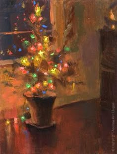 a painting of a potted christmas tree on a table