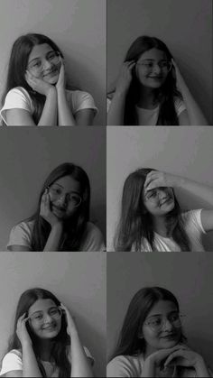 four different pictures of a woman with glasses smiling and holding her hands to her face