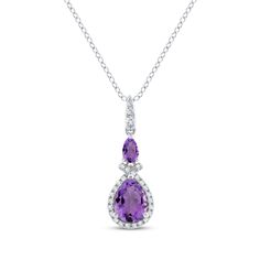 This gorgeous necklace showcases two vivid pear-shaped amethysts accented by sparkling round white lab-created sapphires. Crafted in classic sterling silver with a rhodium finish, the necklace makes a striking impression and brings a delightful dash of color to your look. The pendant sways from an 18-inch cable chain that secures with a lobster clasp. Fine Jewelry Purple Teardrop Pendant Necklace, Teardrop Amethyst Necklace For Formal Occasions, Purple Teardrop Pendant Fine Necklace, Formal Teardrop Amethyst Necklace, Fine Jewelry Purple Pear-shaped Jewelry, Teardrop Gemstone Accent Necklace For Anniversary, Purple Teardrop Necklace For Formal Occasions, Purple Teardrop Necklace For Formal Events, Elegant Purple Pear-shaped Necklace