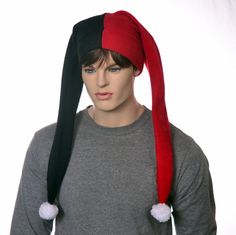 Red and black harlequin hat made of fleece. The two tails hang to chest length. Each point is finished off with a handtied pompom in white. One side of the hat is black, the other side is a dark red. Double thick headband. Built for everyday wear but is often used as a costume piece. Ready to ship. Themed Black Costume Hats For Winter, Witch Hats Costume, Joker Halloween Costume, Halloween Costume Hats, Clown Accessories, Clown Hat, Pirate Cosplay, Thick Headbands, Jester Hat