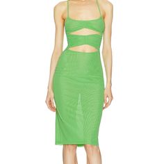 Michael Costello Revolve Green Mesh Cut Out Knee Length Dress Nwt Size Small U Fitted Midi Beach Dress, Fitted Beachwear Midi Dress, Bodycon Knee-length Midi Dress For Beach, Fitted Green Beach Midi Dress, Chic Green Midi Dress With Cutout, Chic Green Cutout Midi Dress, Fitted Cutout Midi Dress For Vacation, Spring Beachwear Dresses With Cutout Details, Spring Beachwear Dresses With Cutout