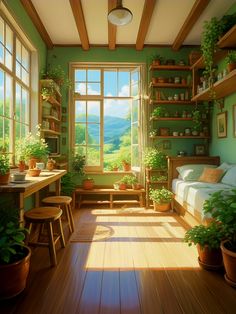 a room filled with lots of green plants and potted plants on the windowsill