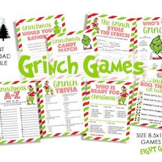 the grinch games are on display in front of a white background with green and red stripes