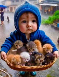 a child holding a basket full of kittens in the rain with an umbrella over their head