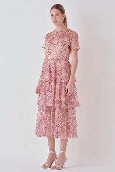 This gorgeous sequin embroidered maxi dress, featured round neckline, short sleeves, and tiered skirt; available in pink. Flattering Maxi Dress, Cherry Blossom Dress, Blossom Dress, Maxi Dres, Sequin Design, Skirt Short, Embroidered Maxi Dress, Pink Maxi Dress, Boutique Design