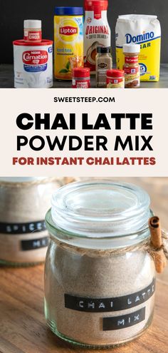 the ingredients for chai latte powder mix in a glass jar