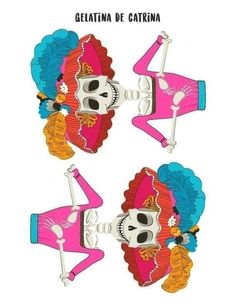 three stickers depicting skeletons in pink and orange outfits, one with a skull on her head