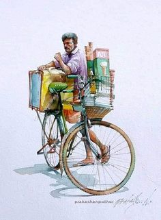 a man riding on the back of a bike with lots of boxes in it's basket