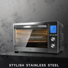 a stainless steel toaster oven with the words, stylish stainless steel