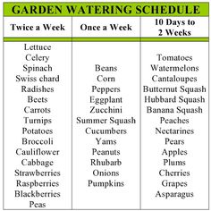 the garden watering schedule is shown in green and black, with two days to each month