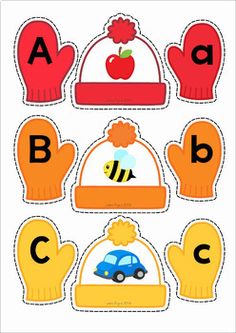 the letters and numbers are made up of gloves, hats, and an apple with a bee on it