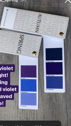 two tags that are on top of each other with the words purple and blue in them