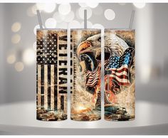 two tumblers with american flags and an eagle on them