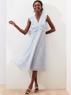 Flutter-Sleeve Midi Dress | Banana Republic Factory Summer Pleated V-neck Dress With Short Sleeves, White Cap Sleeve Summer Dress, Summer Pleated V-neck Short Sleeve Dress, Summer Short Sleeve Pleated V-neck Dress, Pleated A-line V-neck Dress For Summer, Summer Flutter Sleeve Midi Dress With Pleated Waist, Spring Cap Sleeve Dress With Pleated Waist, Summer Midi Dress With Flutter Sleeves And Pleated Waist, Casual Pleated Dresses With Flutter Sleeves