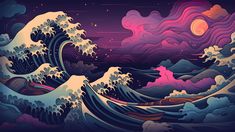 the great wave is depicted in this colorful illustration