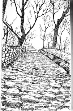 a black and white drawing of a stone road